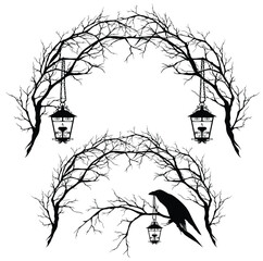 bare tree branches forming arch entrance with hanging antique style lamps and raven bird - spooky halloween forest vector design set