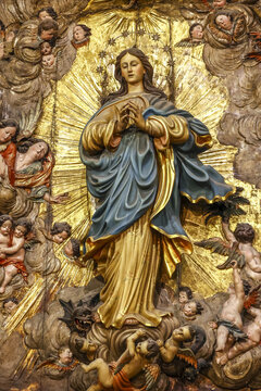 Sant Bartomeu i Santa Tecla church,  Sitges, Catalonia, Spain. Virgin Mary above hell relief