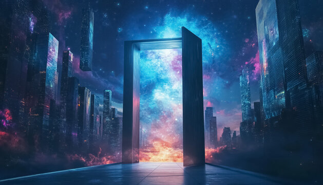 fantasy futuristic door to future technologic city, entrance to future concept