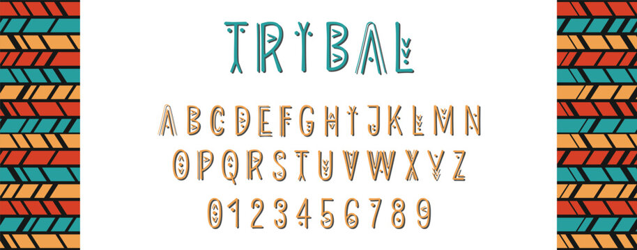 Alfabeto moderno en estilo &eacute;tnico hecho de l&iacute;neas de diferentes grosores. Fuente geom&eacute;trica tribal. Letras y n&uacute;meros &eacute;tnicos en ingl&eacute;s. Inspirado en Per&uacute;, &Aacute;frica y s&iacute;mbolos tribales.