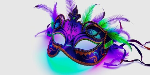 A purple and green mask with feathers on it. The mask is on a white background. The mask is a symbol of celebration and festivity
