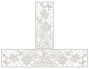 Obraz premium Set contour illustrations of stained glass with flowers Lotus with dragonflies , dark outline on a white background