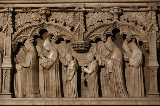 Santa Maria de Poblet monastery, Catalonia, Spain.Tomb reliefs