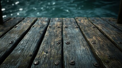 Weathered wooden pier extending over tranquil blue waters under soft sunlight.