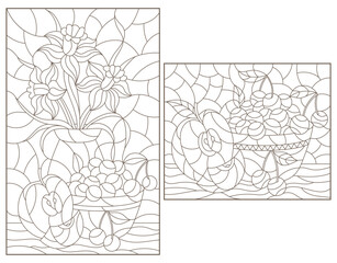 Obraz premium Set of contour illustrations of stained glass Windows with still lifes, flowers and fruits, dark outlines on a white background