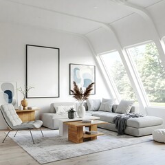 Frame mockup, ISO A paper size. Living room wall poster mockup. Interior mockup with house background. Modern interior design. 3D render