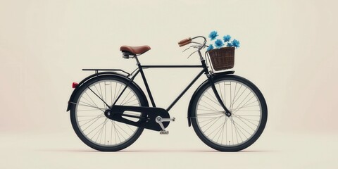 Fototapeta premium A black bicycle with a basket full of flowers is parked in front of a wall with potted plants. Concept of tranquility and relaxation, as the bicycle and flowers create a peaceful atmosphere