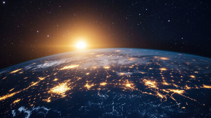 Obraz premium Glowing earth from space with city lights at sunrise