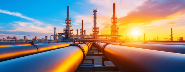 Industrial plant with oil and gas pipes at sunset, showcasing vibrant colors and structures. scene captures essence of energy production and industrial activity