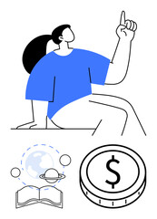 Woman gesturing with raised finger, coin with dollar sign, open book, planet, and orbit lines. Ideal for education, finance, innovation, entrepreneurship global concepts learning abstract line