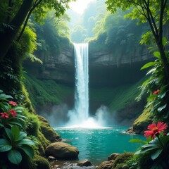 A vibrant and dense rainforest, alive with greenery. A crystal-clear waterfall cascades down rocky cliffs, surrounded by tropical plants