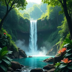 A vibrant and dense rainforest, alive with greenery. A crystal-clear waterfall cascades down rocky cliffs, surrounded by tropical plants