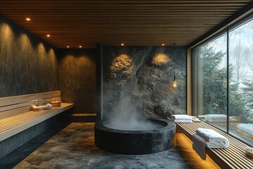Serene spa with stone hot tub and wooden accents offering a tranquil escape surrounded by natural light and stunning winter views