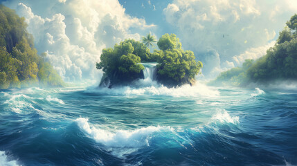 Romantic motu island encircled by azure ocean waves-2