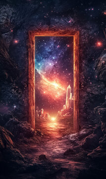 magic fantasy door to another world, parallel dimensions and heaven, mysterious paradise, new beginnings and choice concept