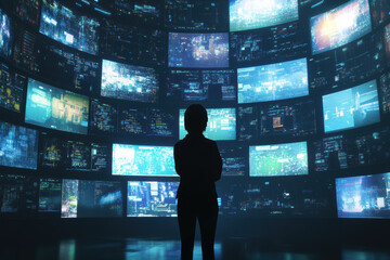 Woman monitoring digital screens in futuristic data center