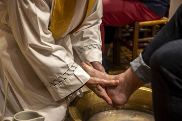 Maundy Thursday celebration in Saint Philippe du Roule catholic church,  Paris, France. Foot...