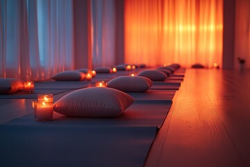Serene candlelit space prepared for a mindful practice Pillows and mats await practitioners in a warm inviting atmosphere