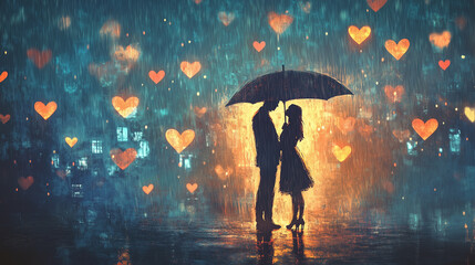 Romantic Valentine's scene with a couple under an umbrella in the rain, glowing hearts-1