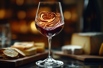 Naklejka premium Red wine swirling in glass, cheese board, bar background; food & drink