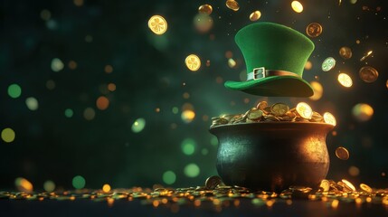 3D Render of Golden Coins Pouring Out from a Pot with a Green Hat Against a Glimmering Background