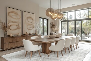 Modern dining room with minimalist decor featuring a long wooden table cream chairs and large abstract art