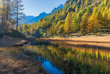 autumnal mountain landscape inside the Alpe Devero, Val D'Ossola, Verbania, Italia