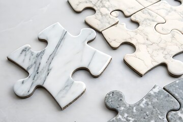 Fototapeta premium Marble puzzle pieces arranged on a light surface showcasing elegant designs and textures in a creative layout
