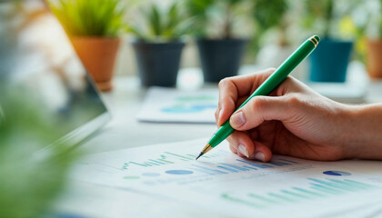 Analyzing financial data with a green pen