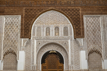 Ben Youssef madrasa (medersa), Marrakesh, Morocco. architectural and sculptural details