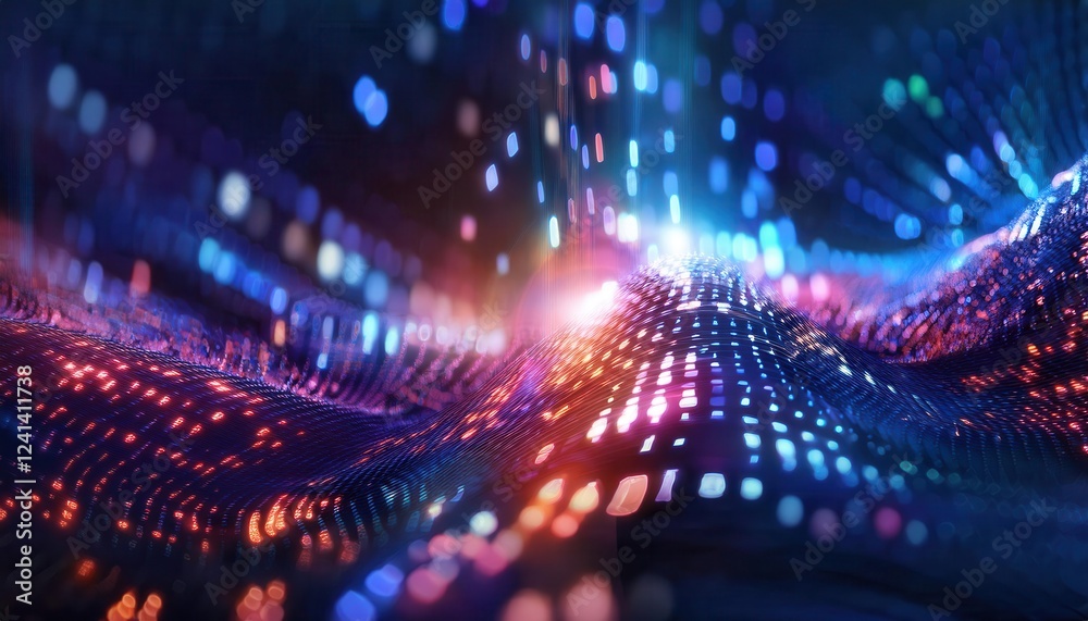 Poster 3d data wave with glowing digital particles and neon lights in abstract futuristic network or technology concept