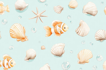 Playful hand-drawn fish and seashells in soft pastel colors create a whimsical beachy pattern on a pale aqua background