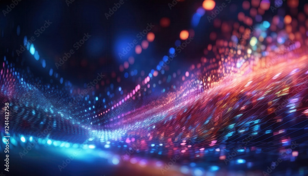Aufkleber 3d data wave with glowing digital particles and neon lights in abstract futuristic network or techno