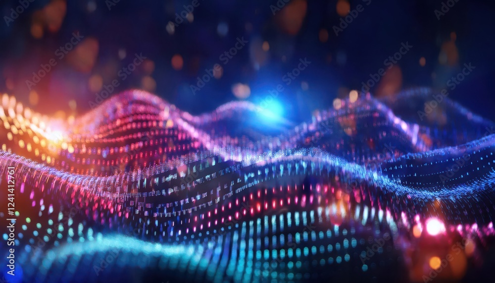 Poster 3d data wave with glowing digital particles and neon lights in abstract futuristic network or technology concept