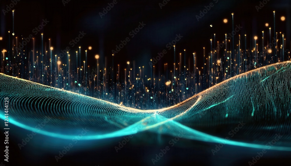 Poster glowing abstract 3d wave with flowing data streams, digital network, futuristic glowing particles, tech concept