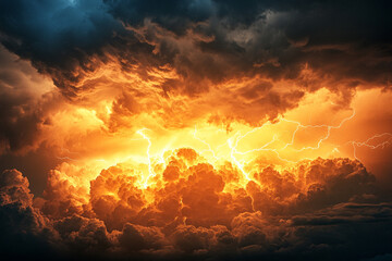 Dramatic storm clouds illuminated by fierce lightning during a vibrant sunset display over an eerie sky