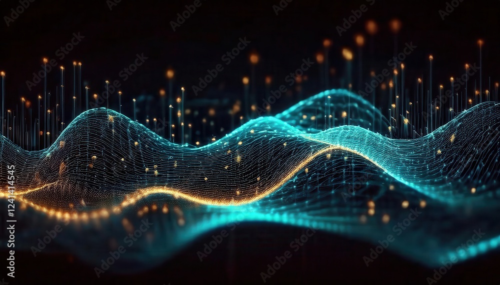 Poster glowing abstract 3d wave with flowing data streams, digital network, futuristic glowing particles, tech concept