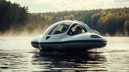 Futuristic Hydrofoil glides across serene lake, enveloped by morning mist and autumnal forest backdrop.