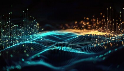 glowing abstract 3d wave with flowing data streams, digital network, futuristic glowing particles, tech concept