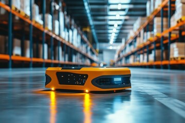 Modern Automated Warehouse Robot Navigating Aisles in Efficient Distribution Center Environment