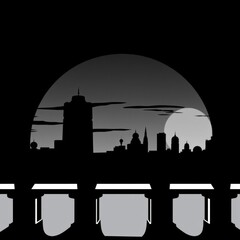 Fototapeta premium Stunning sunset over city skyline with vibrant colors water reflection silhouetted skyline cityscape architecture illustration building city vector