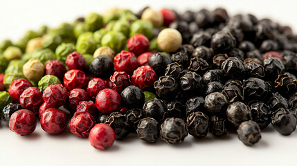 Obraz premium A minimalist yet striking arrangement of black, green, and red peppercorns, spread across a white backdrop. The high-resolution texture and subtle shadows emphasize the organic details, creating a cal