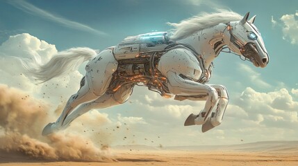 Fototapeta premium The Mechanical Steed: A Futuristic Horse Leaps Across the Desert