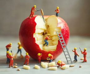 Miniature construction workers carving an apple with tools and equipment in a creative food art scene