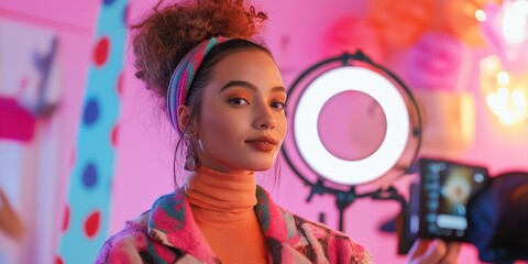 Confident Young Content Creator Filming in a Vibrant Studio – Modern Digital Influencer Aesthetic