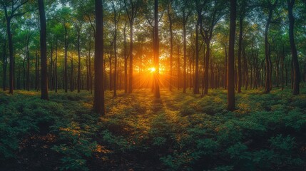 Obraz premium Sunlight Streaming Through Dense Green Forest at Sunrise