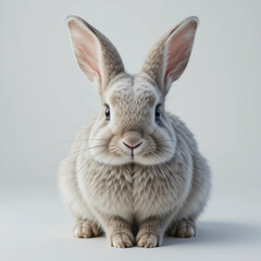 Realistic cartoon rabbit sitting patiently on a white background with a charming expression