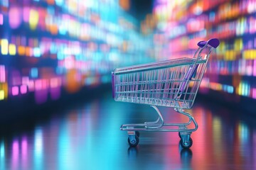 Empty Shopping Cart in Front of Colorful Blurred Lights for Retail and E-Commerce Concepts