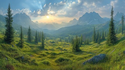 Obraz premium Panoramic Photograph of Lush Mountain Landscape at Sunrise