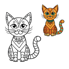 A Zentangle cat coloring page features an artistic feline filled with intricate, abstract patterns, perfect for relaxation, creativity, and stress relief.